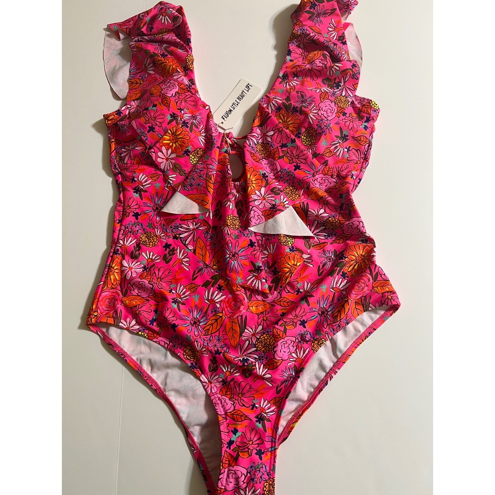 Sporlike Womens Pink Floral Ruffle V-Neck Lace Up One Piece Swimsuit Size L NEW - Picture 2 of 7